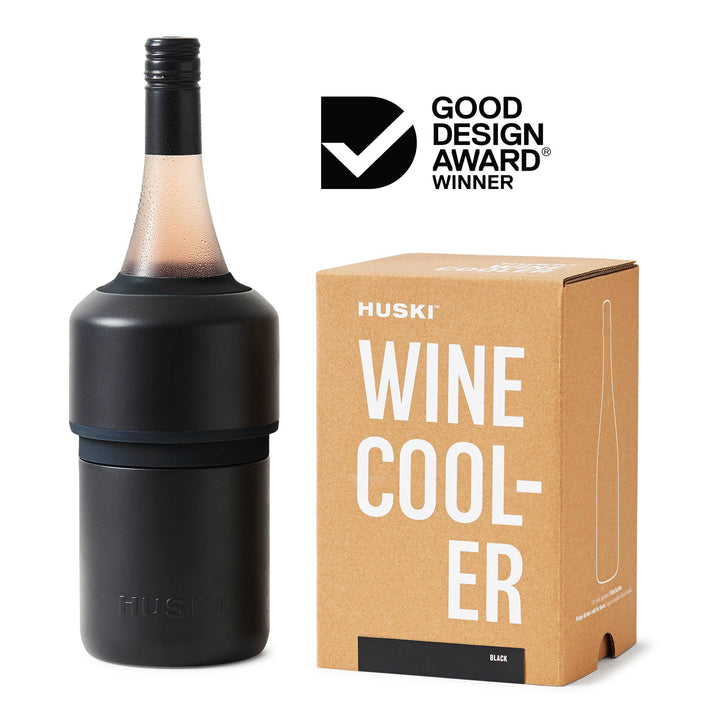 Black wine cooler with Huski branding and a Good Design Award logo on a white background