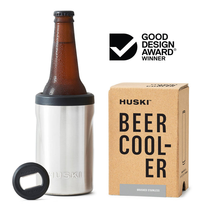 Huski beer cooler with bottle and packaging on a white background, featuring Good Design Award logo.