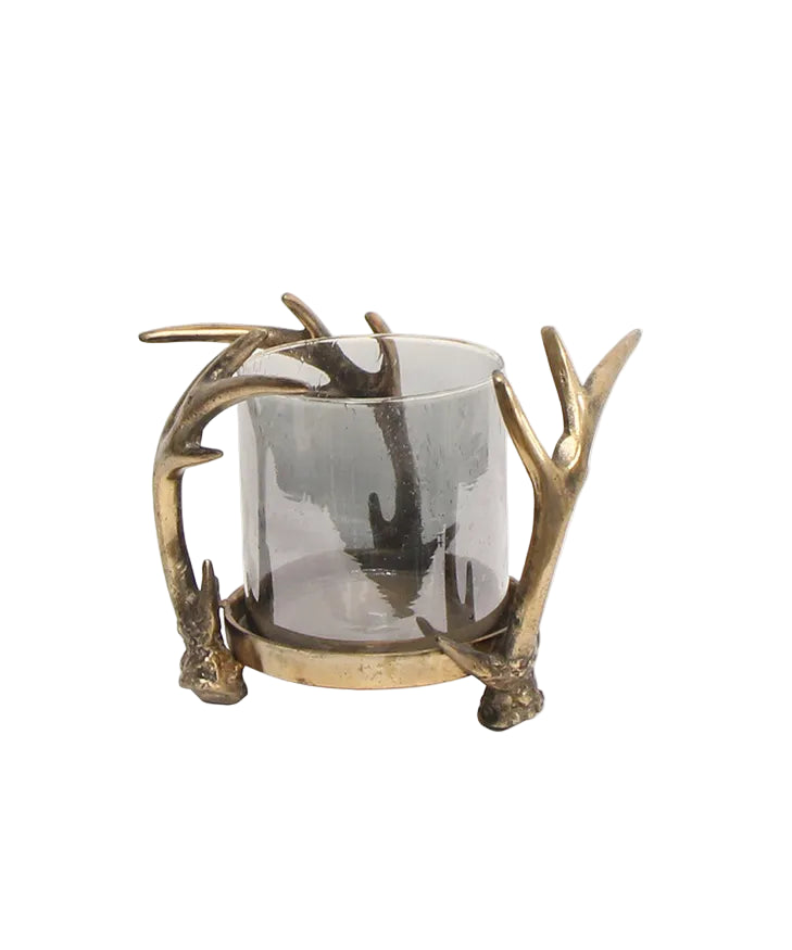 rustic brass look antler lantern with smoky glass hurricane
