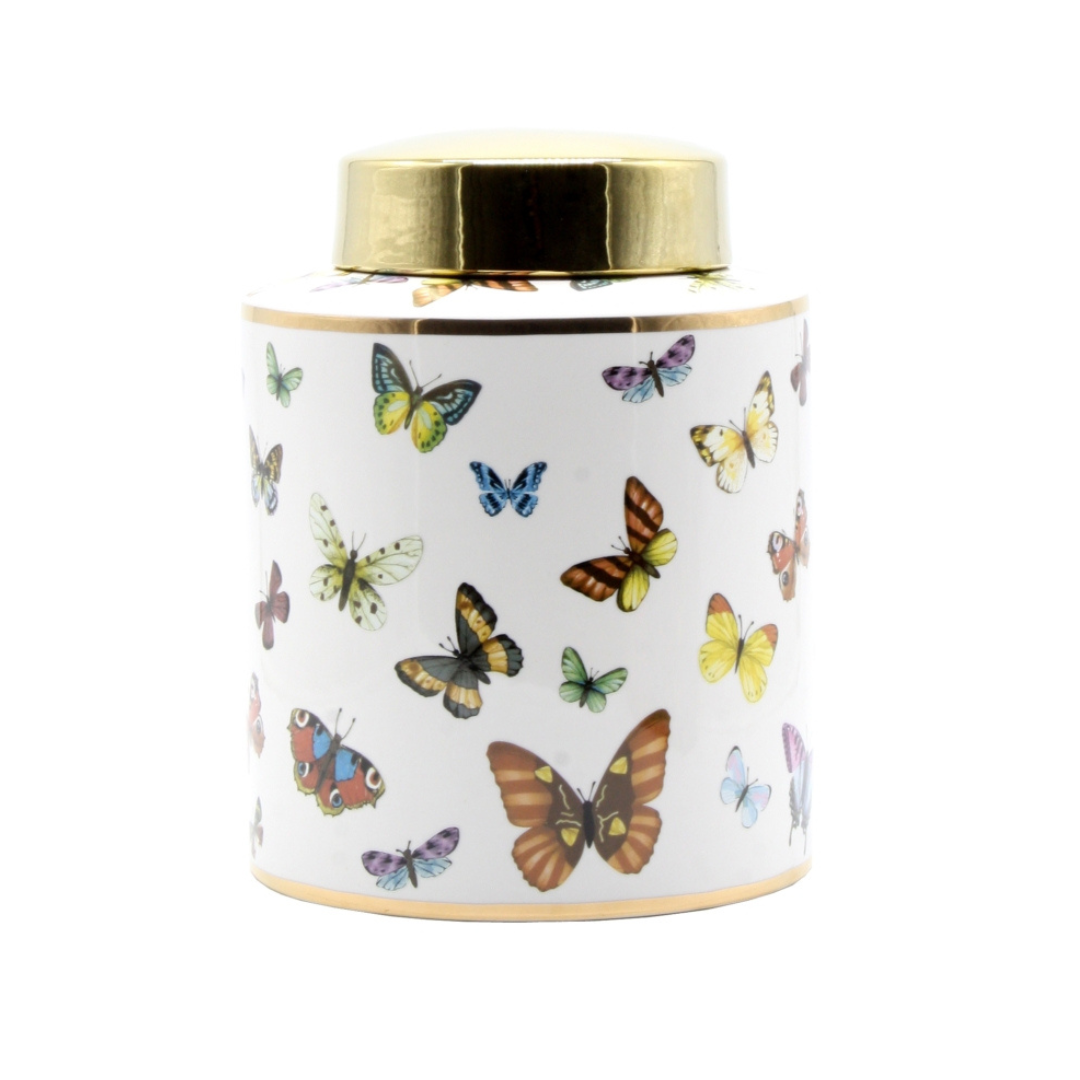 Ceramic round butterfly canister gold lid