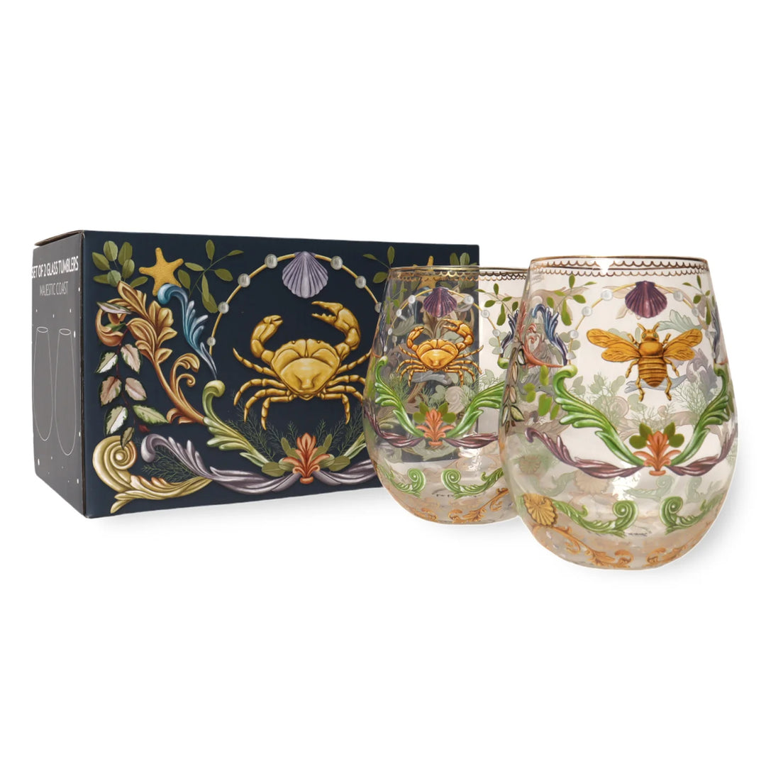 Glass tumbler with sea motifs "domestic coast" bee, crab, seaweed