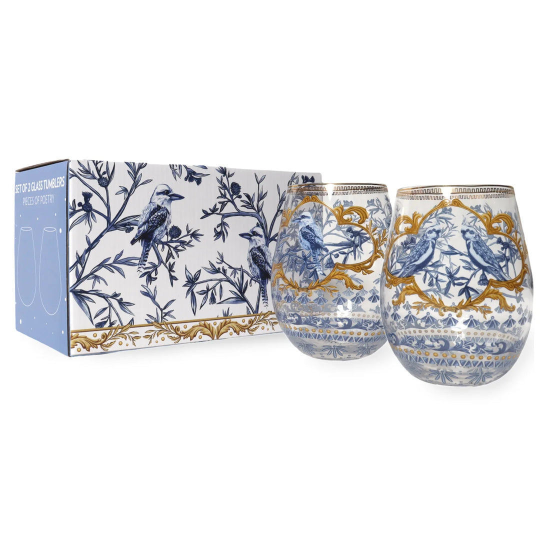 Printed glass tumbler kookaburra and cockatiels blue and gold