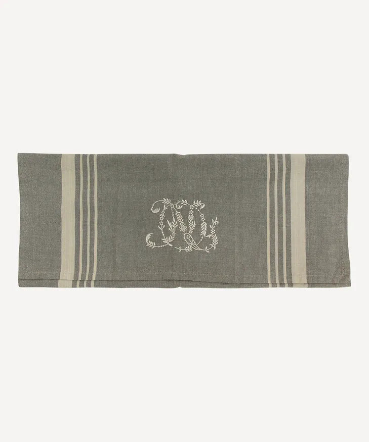 French collection grey cotton tea towel with monogram and natural stripes