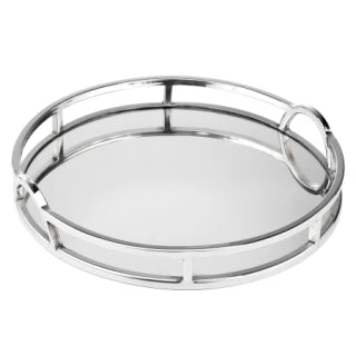 Round silver plated tray with arch handles and mirror base