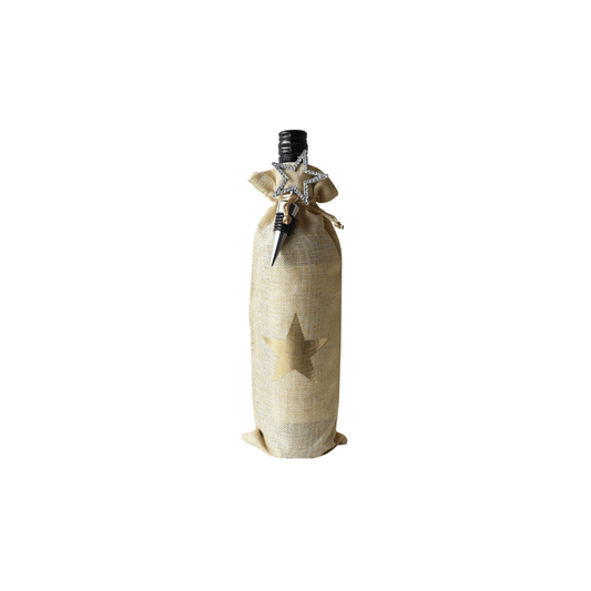 Burlap bottle gift bag with gold star and bottle stopper