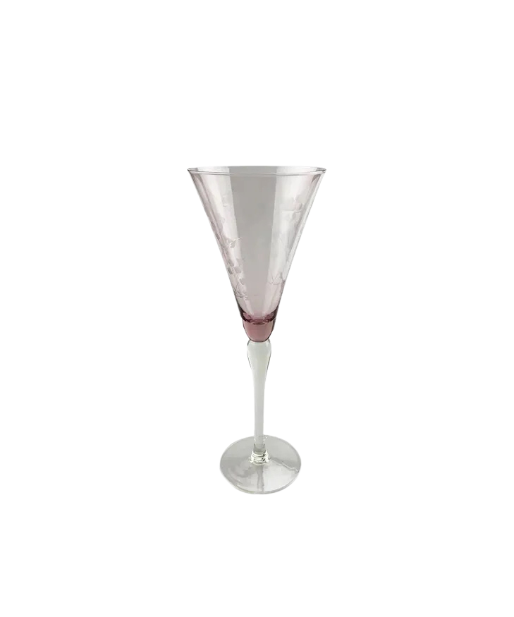 Floral Etched Tall Wine Glass - Pink
