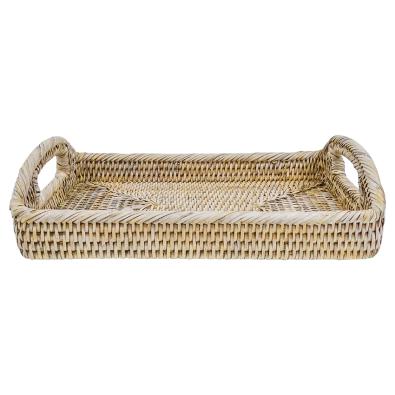 Rattan woven tray with handles whitewashed