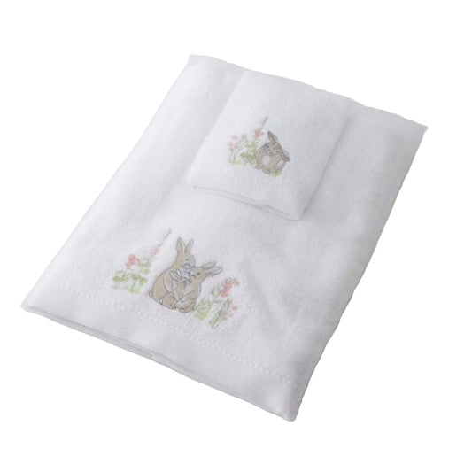 towel and face washer set with bunny Embroidered on each. ideal gift for baby or young children