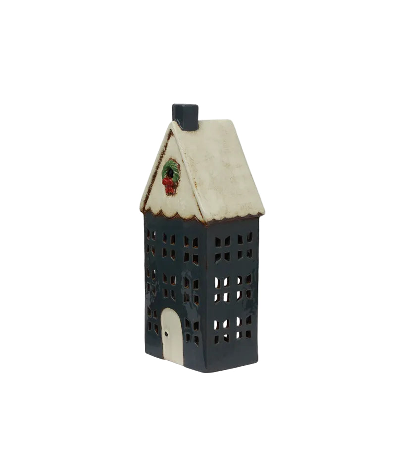 christmas navy tealight house with christmas wreath feature