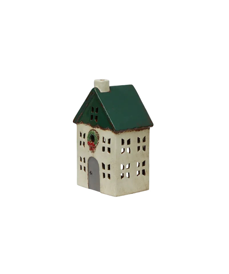 christmas tealight house with green roof and christmas wreath detail
