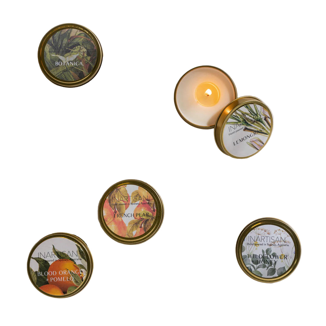 soy based candle in brass travel tin, various scents available