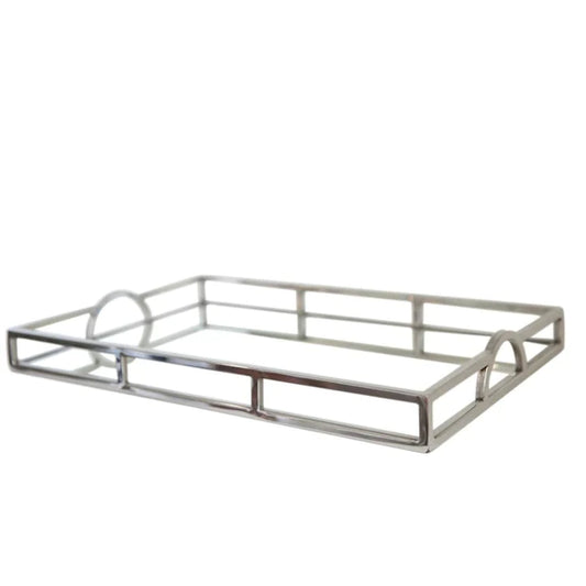 Silver plated rectangular tray with mirror base and arch handles