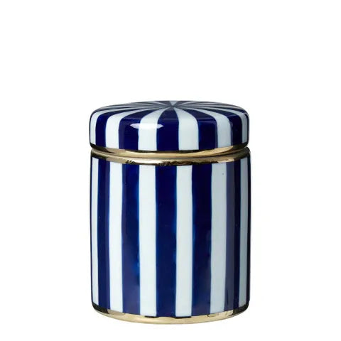 Blue white and gold striped canister