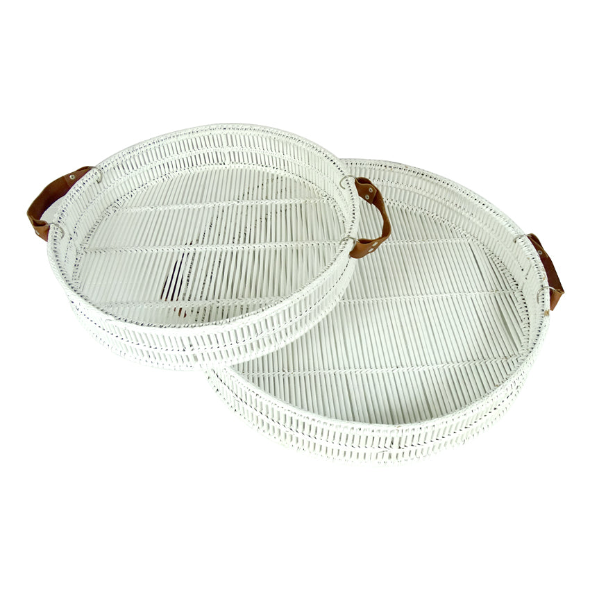 White bamboo tray with leather handles