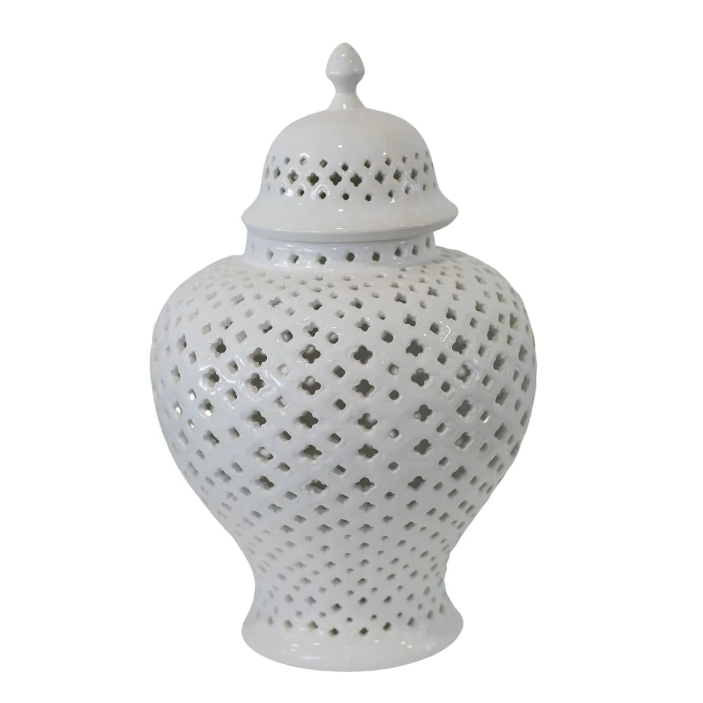White ceramic pierced ginger jar with lid