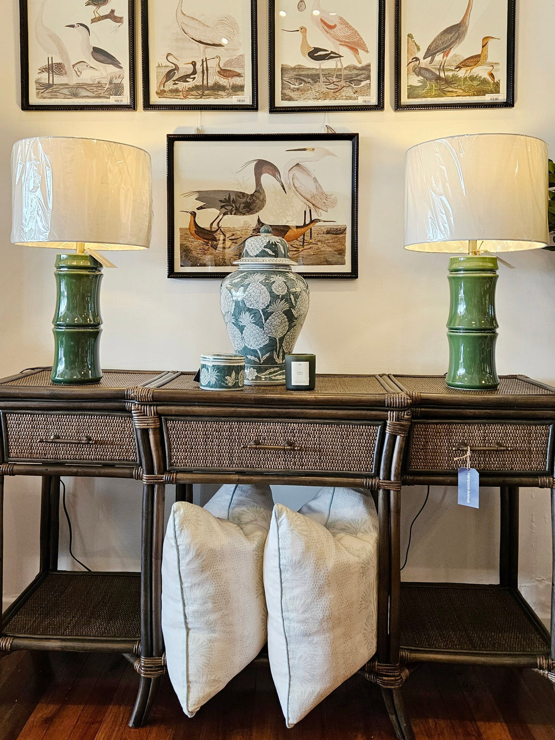 british-colonial-console-green-lamps-bird-pictures-hamptons-avenue