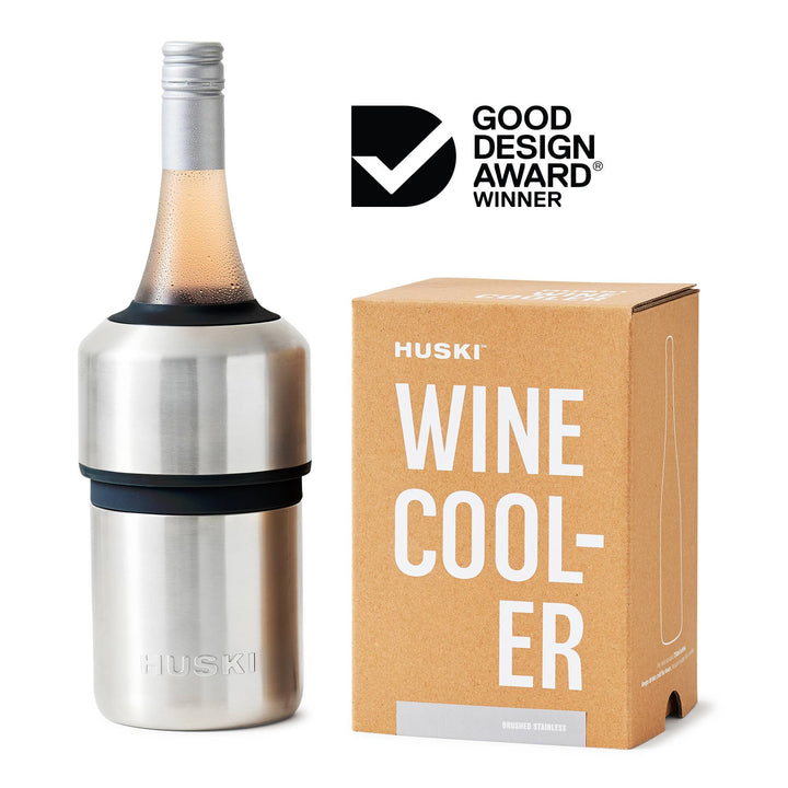 Huski wine cooler with packaging on a white background, featuring the Good Design Award logo.