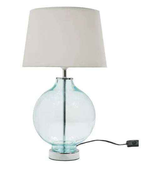 Aqua round glass lamp with white tapered linen drum shade