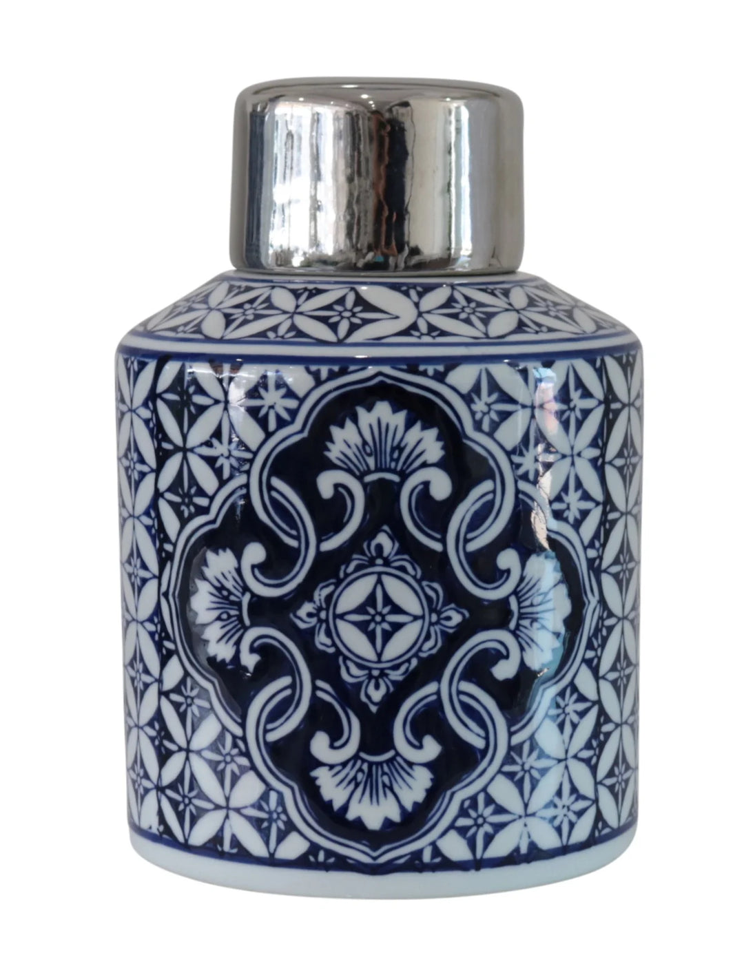 Ceramic blue and white canister silver lid