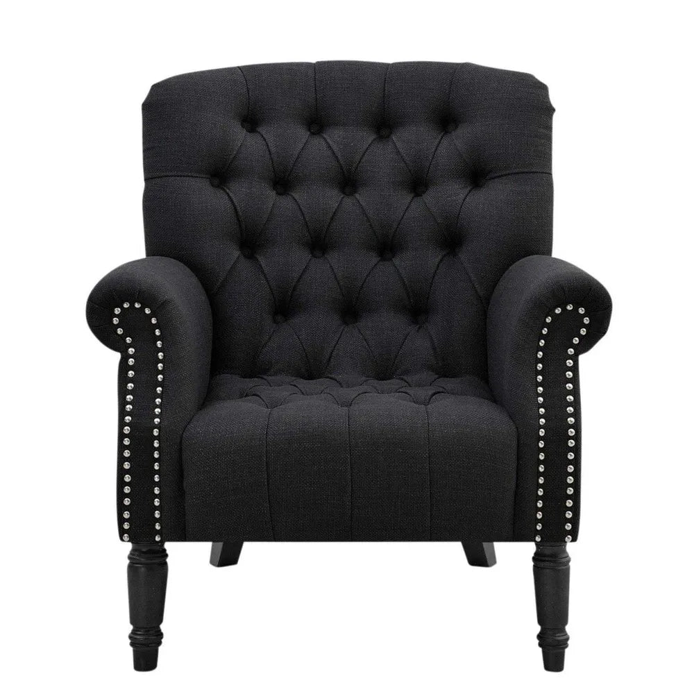 Cleveland buttoned Armchair wood and charcoal linen seat, rolled arms, button-tufting, chic stud detailing