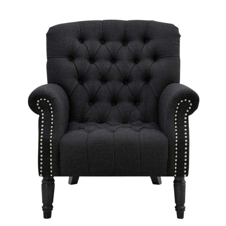 Cleveland buttoned Armchair wood and charcoal linen seat, rolled arms, button-tufting, chic stud detailing