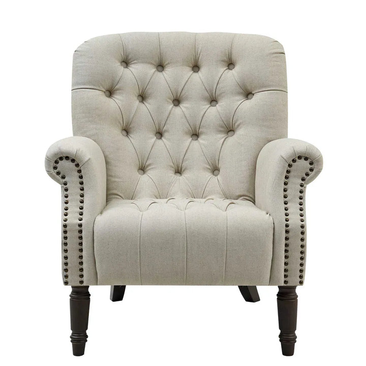  Cleveland Armchair wood and natural linen seat, rolled arms, button-tufting, chic stud detailing