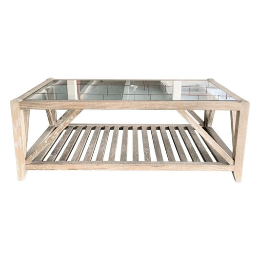 Cleveland Glass Top Coffee Table  - Whitewashed Oak