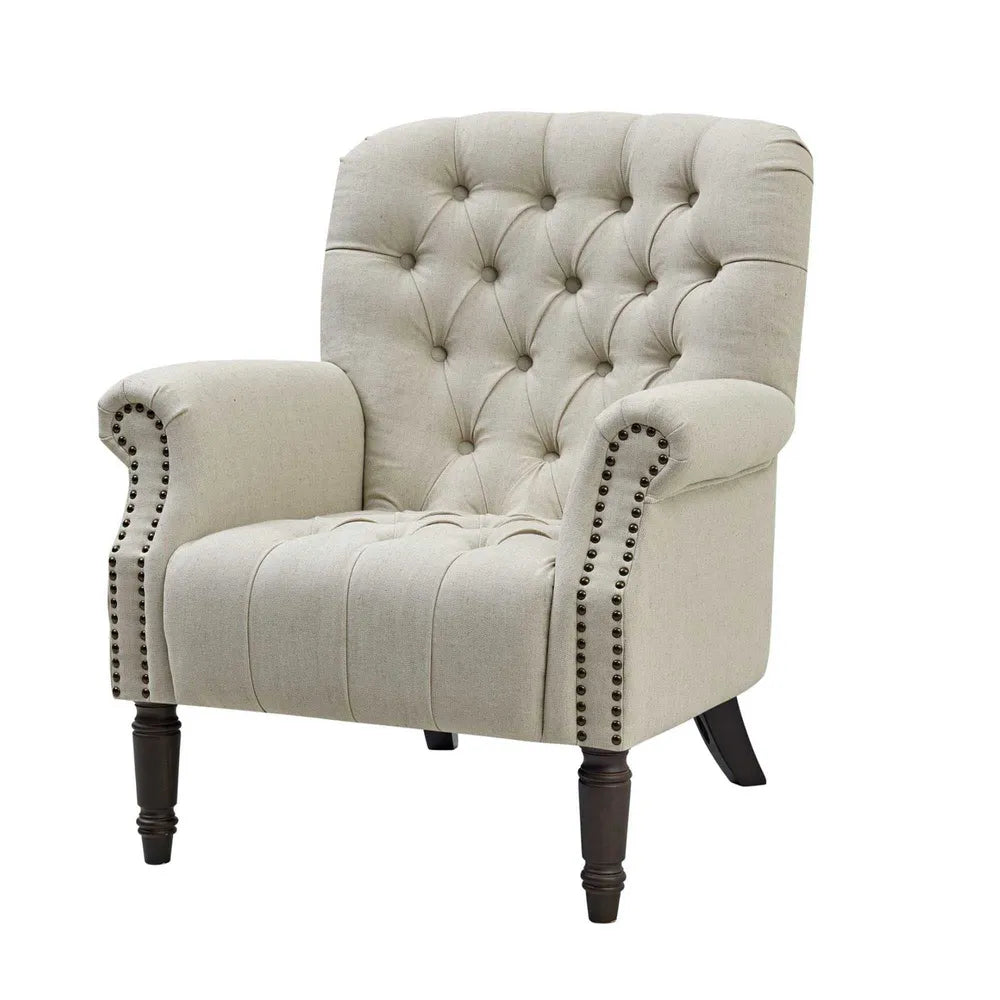 Cleveland Buttoned Natural Linen Armchair with Studs