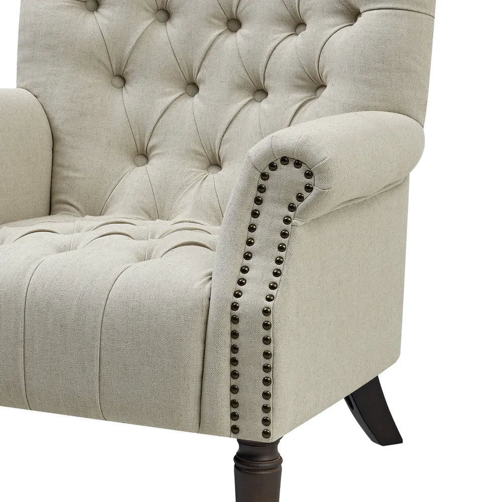 Cleveland Buttoned Natural Linen Armchair with Studs