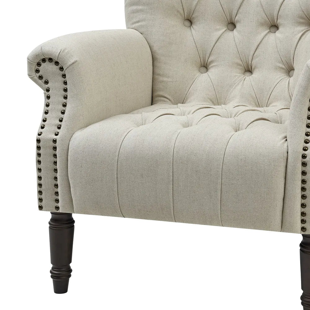 Cleveland Buttoned Natural Linen Armchair with Studs