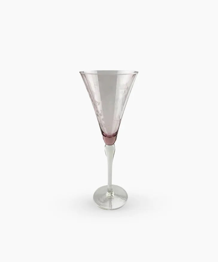 Floral Etched Tall Wine Glass in Pink