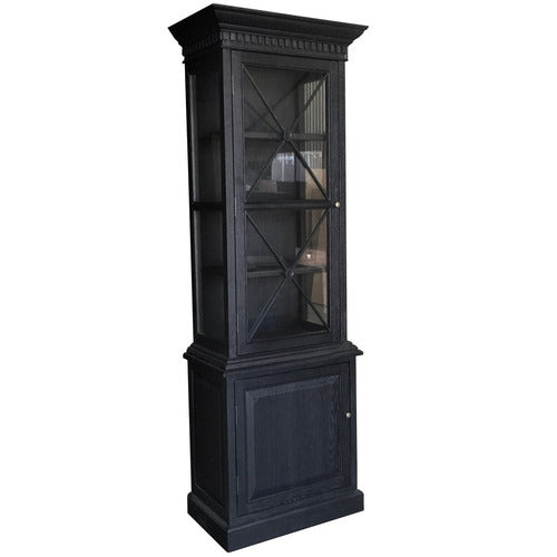 French Single Door Cabinet, Rustic Black, side and front glass panels