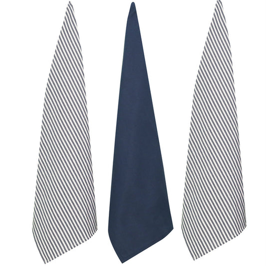 French Stripe Navy Tea Towel - Pack 3