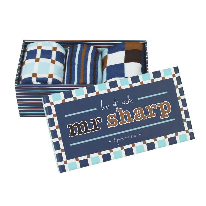 Mr Sharp funky feet socks pack of 3 blue, brown, white, check, stripe