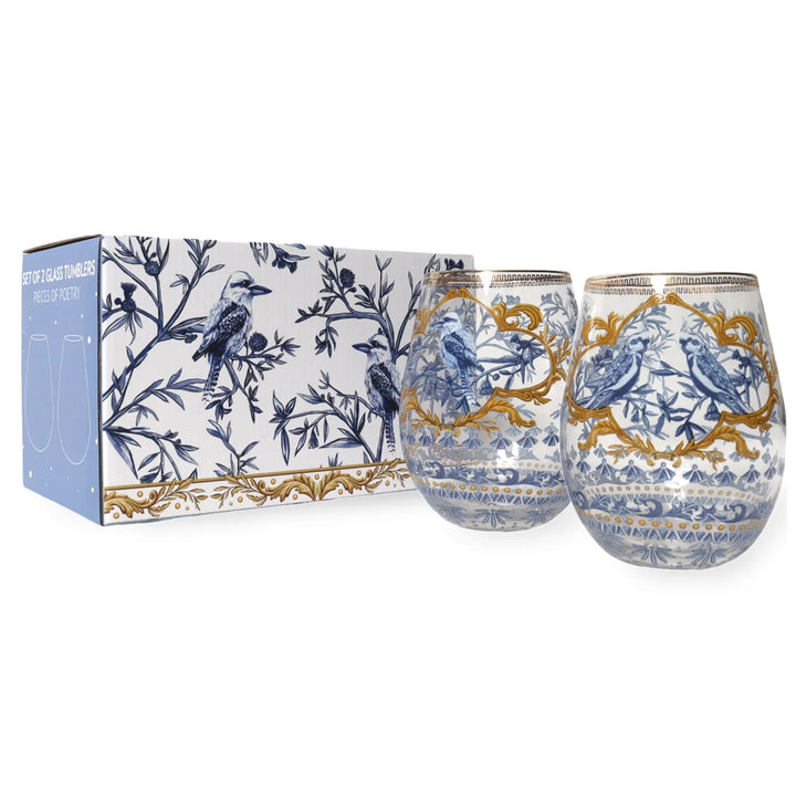 Printed glass tumbler kookaburra and cockatiels blue and gold