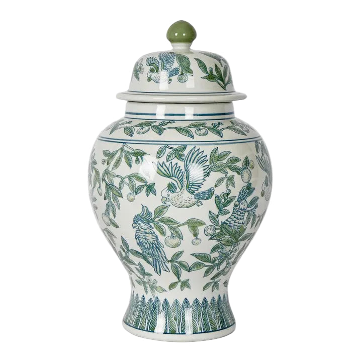 Green and bone parrot ginger jar with lid