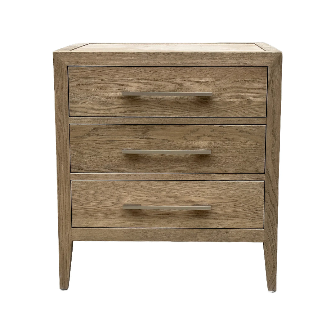 French Contemporary Weathered Oak Bedside Table three draw