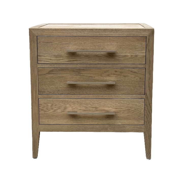French Contemporary Weathered Oak Bedside Table three draw