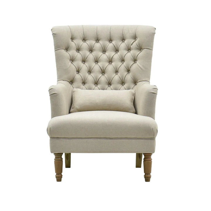 Hamptons Button Tufted Winged Armchair. Neutral linen
