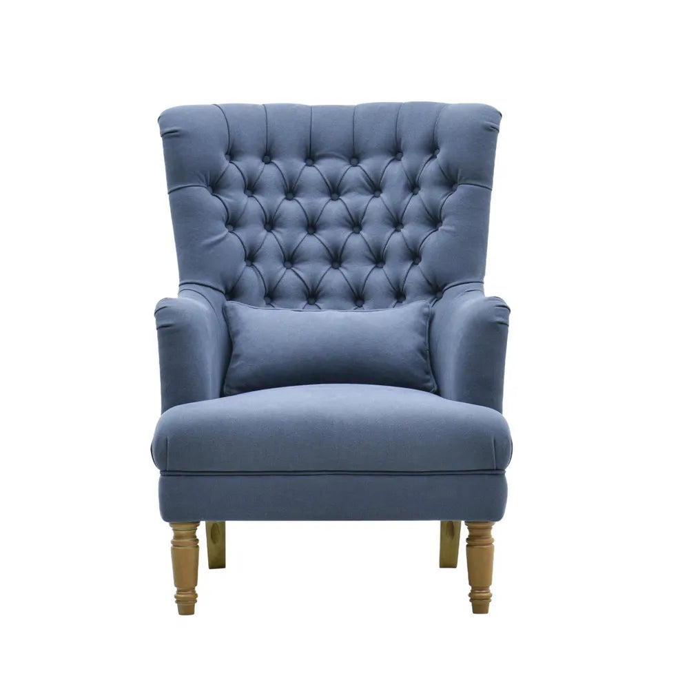 Hamptons Button Tufted Winged Armchair. Sea blue linen