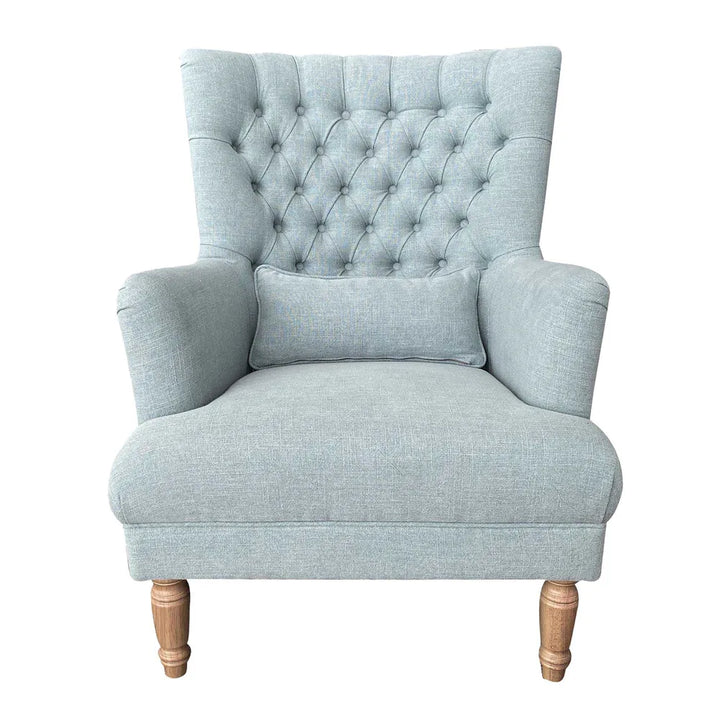 Hamptons Button Tufted Winged Armchair. Pistachio linen