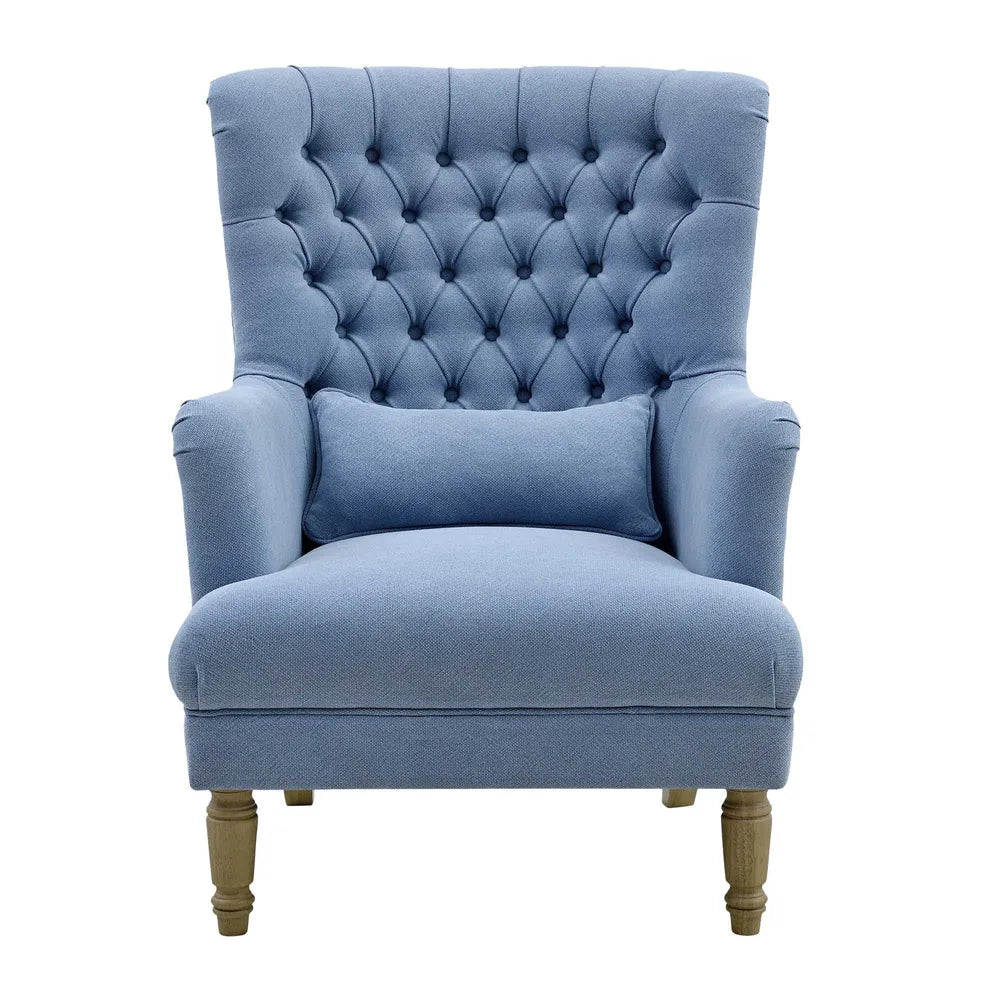 Hamptons Button Tufted Winged Armchair. Slate blue linen