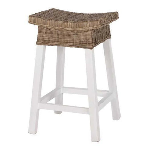 Hamptons White Wood & Rattan Barstool