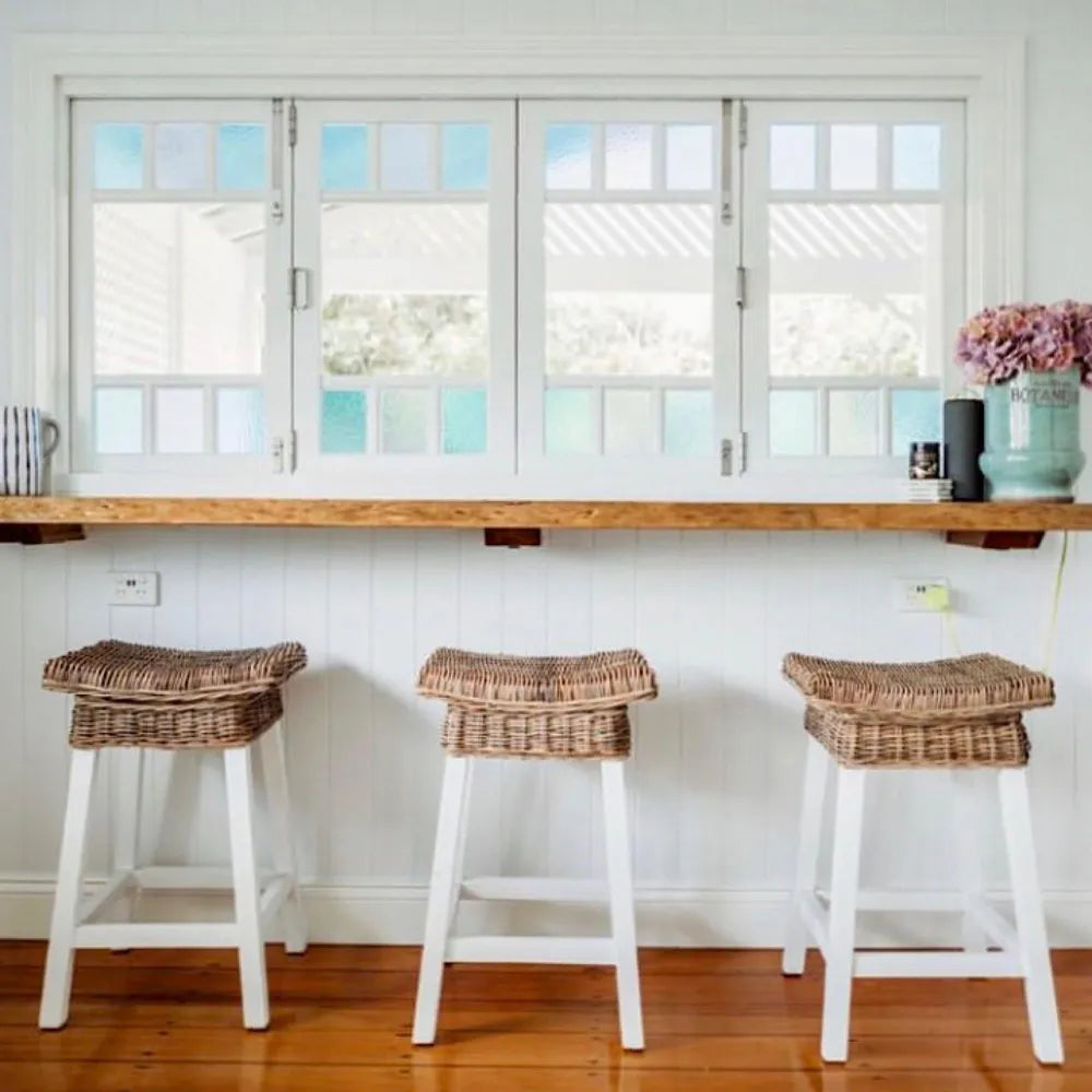 Hamptons White Wood & Rattan Barstool