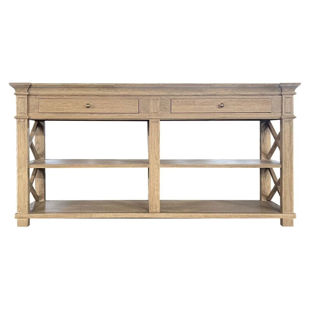 Wooden console table with drawers and shelves on a white background