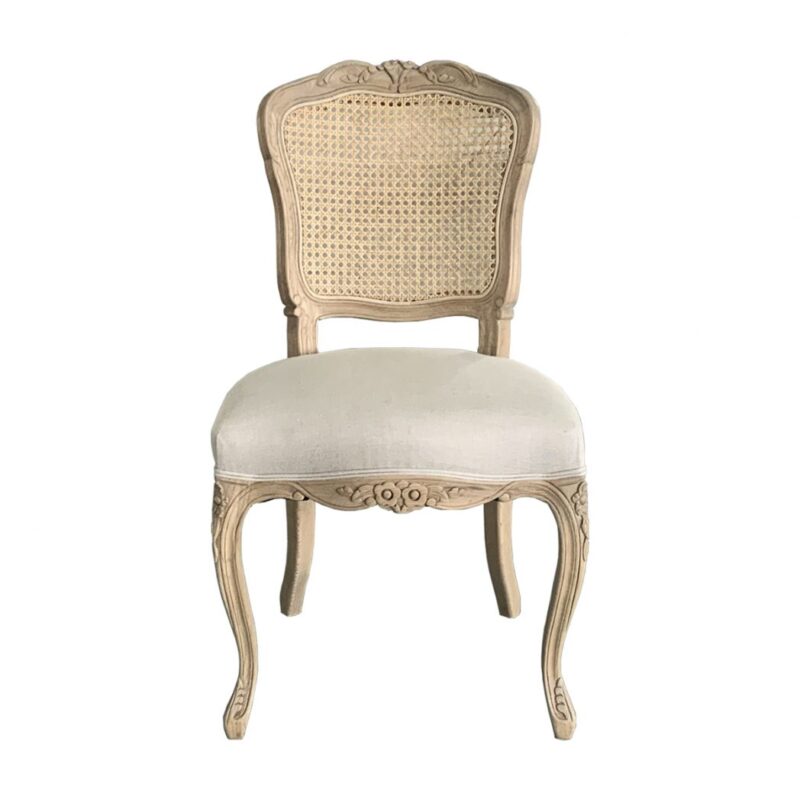 Jasie Rattan back Dining Chair Linen seat, carved weathered oak