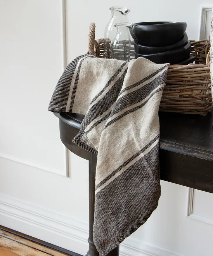 Linen Charcoal Tea Towel - Natural Stripes