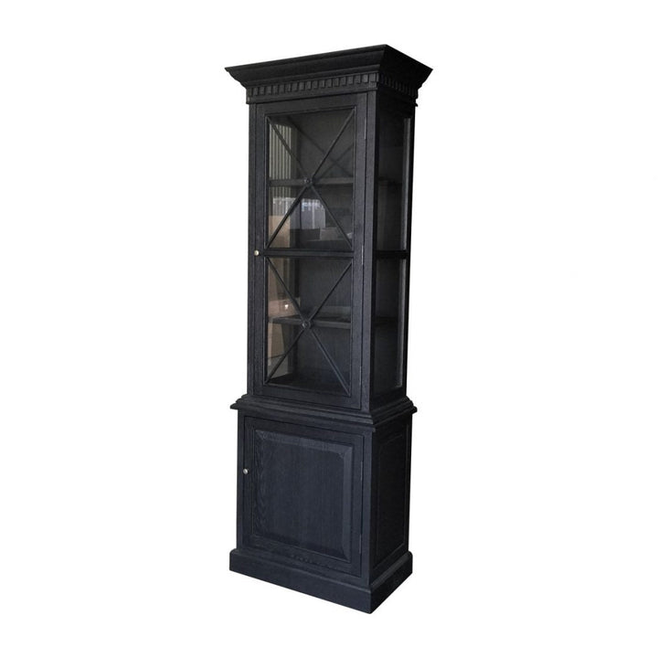 A rustic black French single door cabinet with glass doors and upper side glass panels, showcasing a solid birch timber construction with crown molding trims.