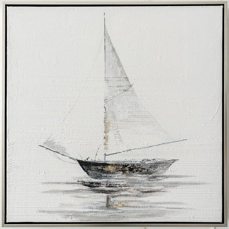 Sailing Boat Neutral Canvas in Silver Frame