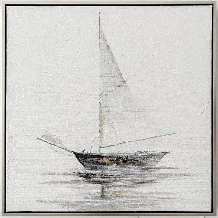 Sailing Boat Neutral Canvas in Silver Frame